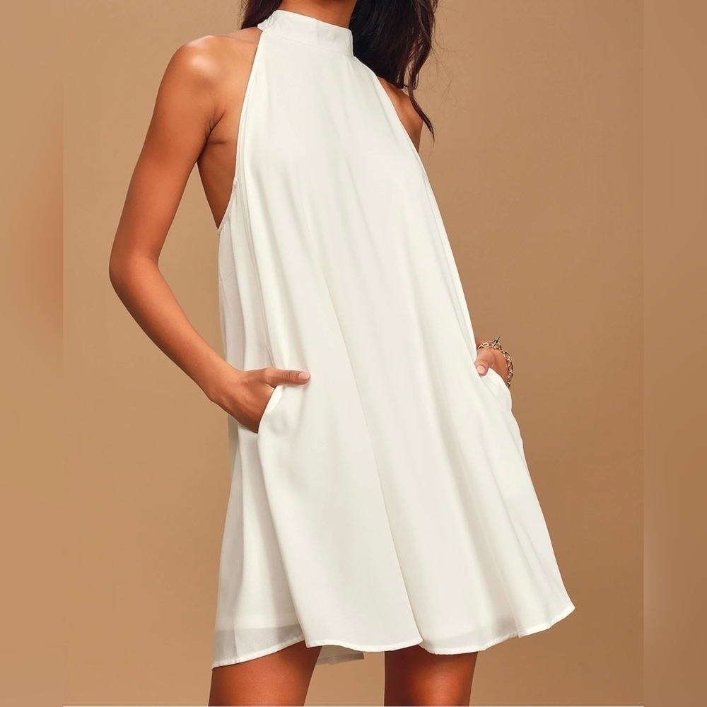 Lulus Love of Mine White Halter Swing Dress with Pockets, Size Medium